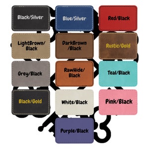 May include: A selection of 12 color swatches for leather goods. The swatches are labeled with color combinations such as Black/Silver, Blue/Silver, Red/Black, LightBrown/Black, DarkBrown/Black, Rustic/Gold, Grey/Black, RawHide/Black, Teal/Black, Black/Gold, White/Black, Pink/Black, and Purple/Black.