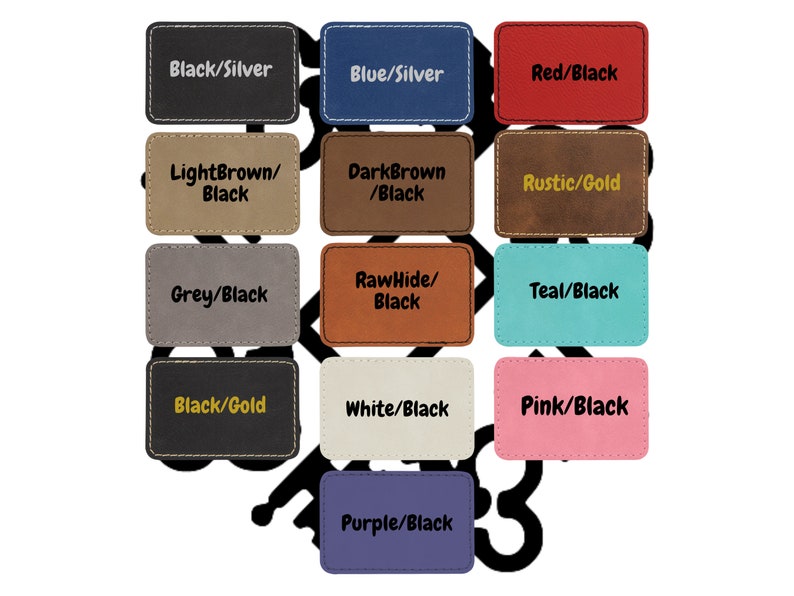 May include: A selection of 12 color swatches for leather goods. The swatches are labeled with color combinations such as Black/Silver, Blue/Silver, Red/Black, LightBrown/Black, DarkBrown/Black, Rustic/Gold, Grey/Black, RawHide/Black, Teal/Black, Black/Gold, White/Black, Pink/Black, and Purple/Black.