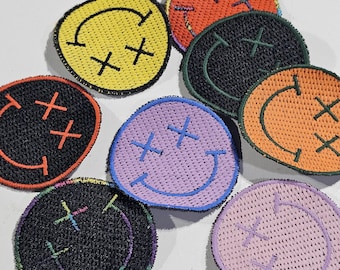 Smiley Embroidery Patches - Embroidered Patches - X Face - Custom Colors - Patches for Jacket, Coat, Vest, Bag, BookBag ~