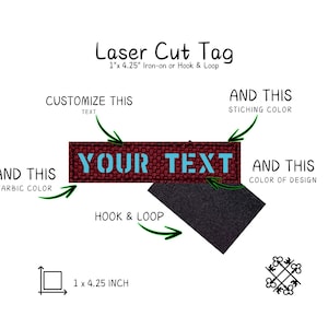 May include: A laser-cut tag with the text "YOUR TEXT" in blue, on a burgundy fabric. The tag is 1 x 4.25 inches and includes a hook and loop feature. The image also shows customization options for fabric color, stitching color, and design color.