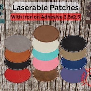 May include: Assortment of 10 laserable iron-on patches in various colors, including brown, gray, black, tan, turquoise, pink, red, and purple. Each patch is oval-shaped and measures 3.5 inches by 2.5 inches. The patches are arranged in a stack, with the top patch being brown and the bottom patch being purple. The patches are made of a soft, durable material and are perfect for adding a personal touch to clothing, bags, and other items.