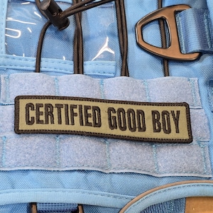 May include: A light blue tactical dog harness featuring a rectangular olive green patch with a black border and the text "CERTIFIED GOOD BOY" embroidered in black capital letters. The harness includes black elastic cords and a black metal D-ring.