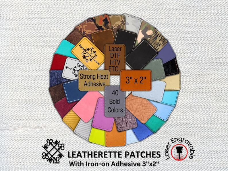 Leatherette Patches with Heat Adhesive, Rectangle 3x2 Glowforge, Laserable Leatherette, Hat Patches, Leather Patch, Iron on Patch, Blanks image 1