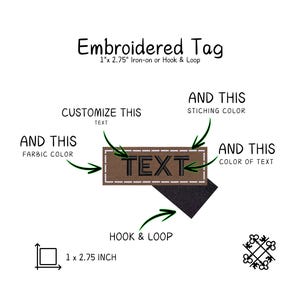 May include: An embroidered tag with the text "TEXT" in black, on a brown fabric. The tag is 1 inch by 2.75 inches and can be customized. The image also shows the hook and loop option, stitching color, and text color.