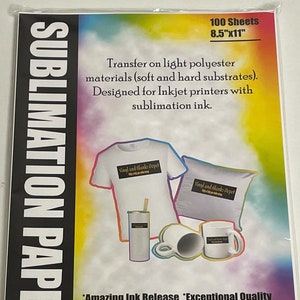 May include: A package of sublimation paper with the text "SUBLIMATION PAPER" on the left side. The package includes 100 sheets, each measuring 8.5" x 11". The paper is designed for inkjet printers and transfer on light polyester materials. The package also shows examples of items that can be printed on.