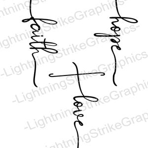May include: Black line art of three crosses with the words "Faith", "Hope", and "Love" written vertically. The words are in a cursive font, and the crosses are simple in design.
