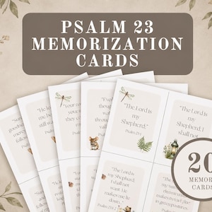 Może przedstawiać: Stos kart do zapamiętywania Psalmu 23 z ilustracjami botanicznymi i tekstem "Pan jest moim pasterzem". Karty mają neutralną paletę kolorów i są oznaczone jako "20 Kart Pamięci".
