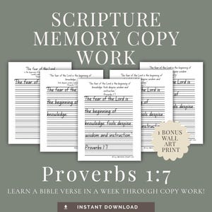 May include: A collection of white paper sheets with handwriting lines, featuring the text "The fear of the Lord is the beginning of knowledge." The text "Proverbs 1:7" is also visible. The product is a scripture memory copy work.