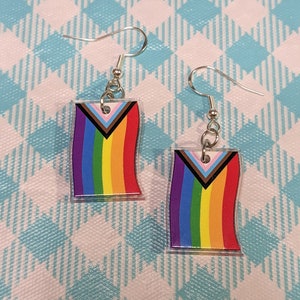 Progress Pride Flag Drop Earrings, Recycled Acrylic, Ecofriendly Earrings, Progressive Flag, Gay, Trans, LGBT, Lgbtq, Queer, Pride, Lesbian