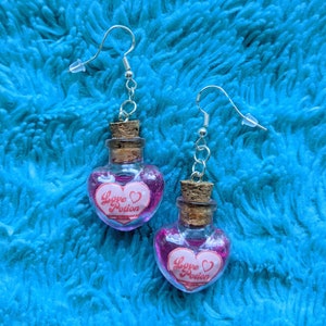 Love Potion Dangle Earrings, Valentines Day Earrings, Valentines Day Gift, Gifts for Her, Love Potion Number 9, Witchy Jewelry, Kitchy, WLW