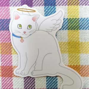 Pegatina de gato blanco ángel, gato angelical, pegatina impermeable, coqueta, calcomanía de Halloween, buenos augurios