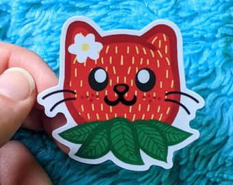 Strawberry Cat Glossy Vinyl Sticker: Waterproof Kawaii Decal