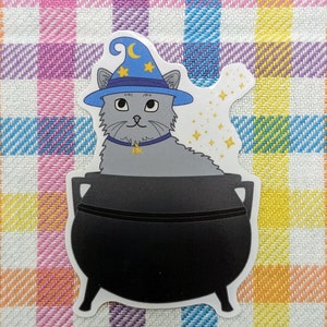 Wizard Cat Sticker, Grey Cat, Waterproof Sticker, Magician, Magic, Calderon, Halloween Decal, Spooky, Cute, Witchy