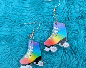 Rainbow Roller Skate Dangle Earrings, Roller Rink Earrings, Retro, Roller Derby, Cute, Queerings, Lesbian Earrings, LGBTQ, Pride