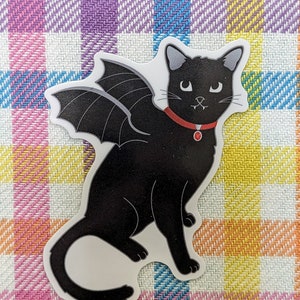 Pegatina de gato negro demonio, gato vampiro, pegatina impermeable, calcomanía de Halloween, espeluznante, buenos augurios, lindo, alas de murciélago, godo, brujería