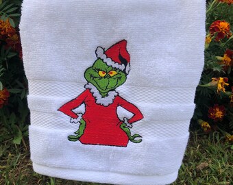 Embroidered Cindy Lou Who Christmas Kitchen Bathroom WHITE cotton Towel Grinch Embroidered Cindy Lou Who Christmas Kitchen Bathroom WHITE cotton Towel Grinch