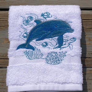 Dolphin Hand Towel – 100% Cotton 18&quot;x30&quot; – Sketch Background with Colored Dolphin