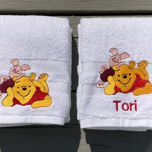 Pooh & Piglet Modeling With Personalization Hand Towel- 100% Cotton Hand Towel- Friendship Goals, Hosting Gift, Nursery Décor