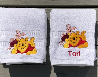 Pooh & Piglet Modeling With Personalization Hand Towel- 100% Cotton Hand Towel- Friendship Goals, Hosting Gift, Nursery Décor