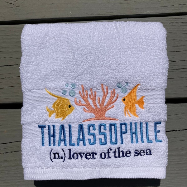 Oceanic Bliss: Thalassophile Hand Towel - 100% Cotton - Tropical Fish and Coral Design - Word Lover's Décor