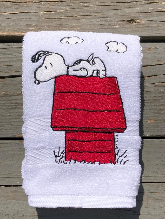 Relaxed Beagle Dog on Red Doghouse Embroidered Towel – Large Layered Design – 100% Cotton White Hand Towel – Whimsical Home Décor