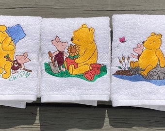Classic Winnie-The-Pooh and Piglet Springtime Set of 3 Hand Towels- 100% Cotton- Large, Detailed Machine Embroidered Design, Springtime