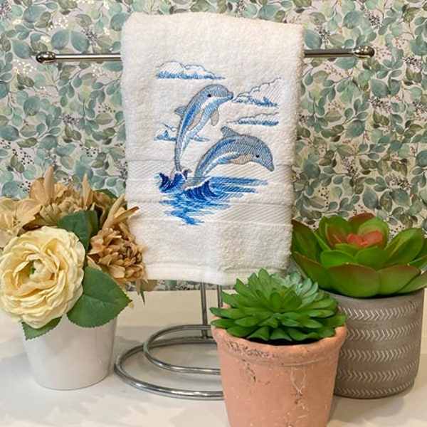 2 Graceful Dolphins Leaping Amidst Waves of Vibrant Blue Embroidery Hand Towel- 100% Cotton- Animal Lover, Ocean Inspired, Coastal Living