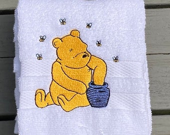 Classic Pooh Hand Towel- Reaching Into Honey Pot Surrounded By Honey Bees,100% Cotton- Large, Detailed Machine Embroidered Design