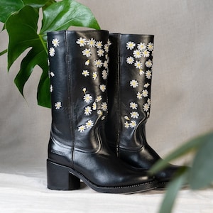 Black Boots with Embroidered Daisies