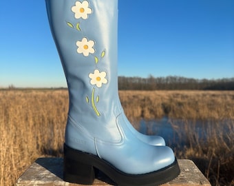 Platform Flower Boots Blue