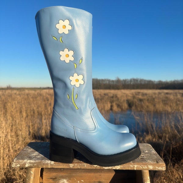 Platform Flower Boots Blue