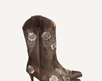Brown Y2K Boots With Flower Embroidery - Deadstock
