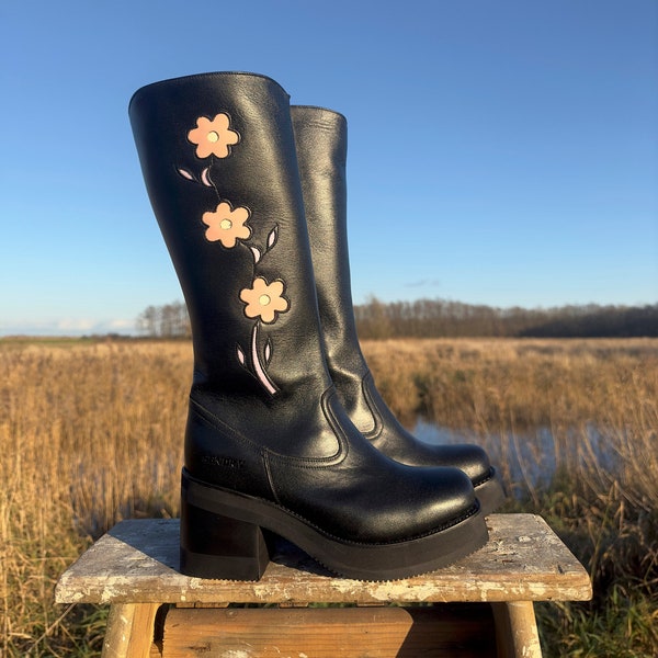 Platform Flower Boots Black & Pink