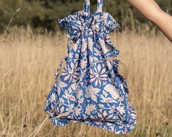 Block Print Frill Tote Bag Blue