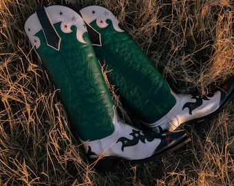 Peut inclure: Une paire de bottes de cowboy vertes et blanches avec des accents d'étoiles argentées. Les bottes sont posées dans un champ d'herbe sèche.