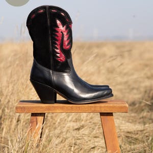 May include: A black leather cowboy boot with a red and black decorative design. The boot is on a small wooden stool in a field of tall grass. The text "LIMITED EDITION" is in a circle in the upper left corner.