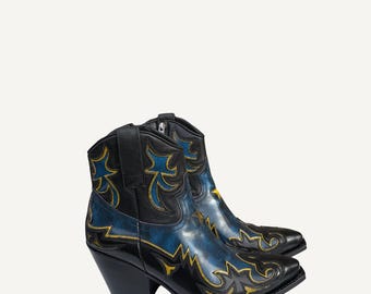 Black Western Boots With Blue Details - Deadstock