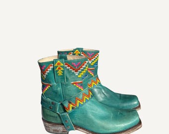 Turquoise Biker Boots With Vibrant Shaft Details - Deadstock