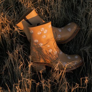 May include: A pair of brown leather ankle boots with white daisy embroidery. The boots are set against a backdrop of dry grass.