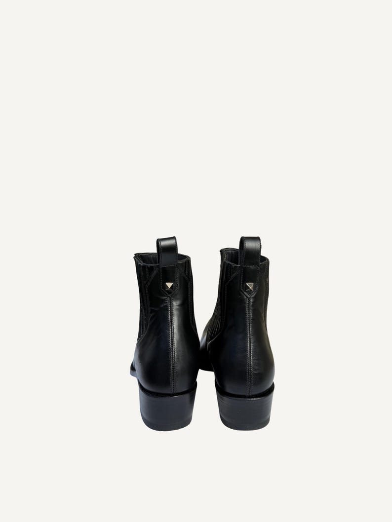 May include: A pair of black leather ankle boots. The boots have a pointed toe, a low block heel, and a pull tab at the back. A small silver stud is on the pull tab. The boots are shown from the back.