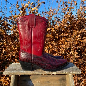 Op de afbeelding: Een paar rode leren cowboylaarzen met een slangenhuidpatroon. De laarzen hebben een spitse neus en een lage hak. De laarzen staan op een houten kruk tegen een achtergrond van herfstbladeren.