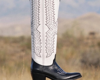 Bottes Cowgirl Boulet - Cuir Noir Et Blanc - Femme Pointure 8,5 C - NEUF Sans Boîte