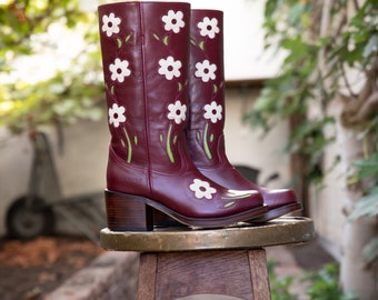 Flower Boots Bordeaux Red