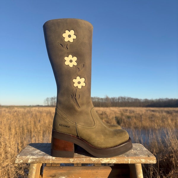 Platform Flower Boots Military Green