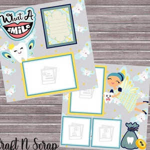 May include: A digital scrapbook paper design featuring a tooth fairy theme. The design includes a tooth fairy, a tooth, a bag of money, stars, and the text "What a Smile".