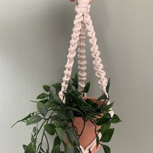 Peut inclure: Un porte-plante en macramé blanc avec un anneau en bois en haut. Une plante en pot avec des feuilles vertes est suspendue au porte-plante.