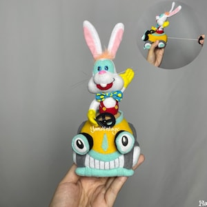 Vintage tecknade serier vit kanin och bil Benny plysch dragsnöre vibrerande 5" begagnad, gosedjur, kanin, bilplysch, present till barn