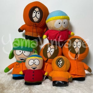 May include: A set of seven plush toys featuring characters from the animated television series South Park. The characters include:  Stan, Kyle, Cartman, Kenny, Chef, and Mr. Garrison. The toys are all in their signature colors and outfits.