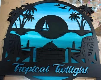Sunset Beach SVG, Chairs On The Beach DXF File, Tropical Island Clipart, Beach Life svg, Summer Beach Chair Scene PNG, Palm Tree Monogram