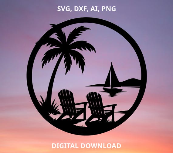 Sunset Beach SVG, Chairs On The Beach DXF Cut Files, Beach Chairs Monogram, Beach Scene Metal Sign, Summer Beach Silhouette PNG, Laser cnc